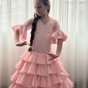 Handmade in Spain Flamingo Dress Elegant Pink Layered Kids Dance